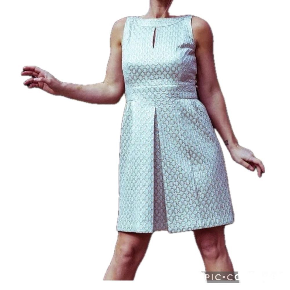 Lauren Ralph Lauren Cocktail Dress Brocade Metallic Aqua Blue & Gold Sz 14